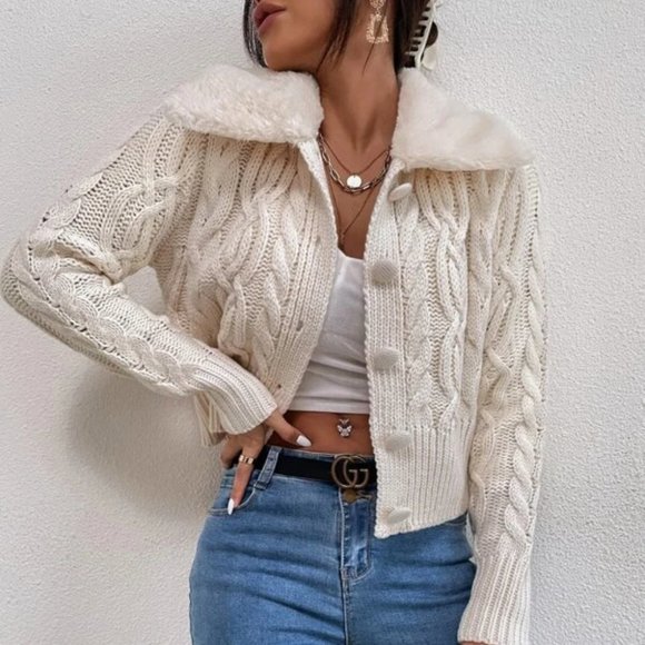 BEIGE TEDDY COLLAR BUTTON DOWN CABLE KNIT CARDIGAN - Picture 3 of 5